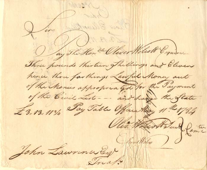 1784 dated Pay Table Document Signed by Oliver Wolcott Jr. and Oliver Ellsworth 